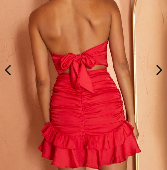 Selfie Leslie Annabella Strapless Tied Back Frill Hem Mini Dress Red - Picture 7 of 11